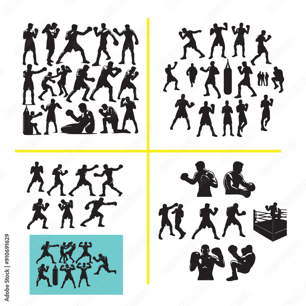Man doing boxing moves exercise. Jab Cross Hook and Uppercut movement. Shadow boxing. Flat vector illustration isolated on white background, Boxing Silhouettes Man doing boxing moves exercise. Jab Cross Hook and Uppercut movement. Shadow boxing. Flat vector illustration isolated on white background, Boxing Silhouettes
