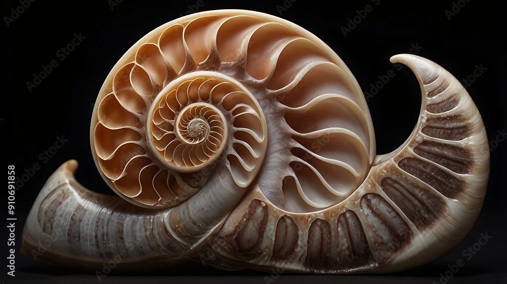 A Close-Up of an Intricately Detailed Nautilus Shell Against a Dark Background, Highlighting Its Spiral Patterns and Glossy Finish A Close-Up of an Intricately Detailed Nautilus Shell Against a Dark Background, Highlighting Its Spiral Patterns and Glossy Finish
