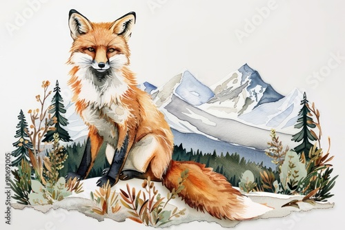 Nature background fox mountain drawing. photo