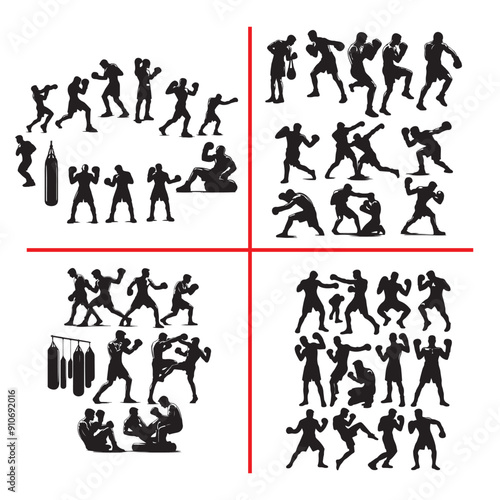 Man doing boxing moves exercise. Jab Cross Hook and Uppercut movement. Shadow boxing. Flat vector illustration isolated on white background, Boxing Silhouettes 