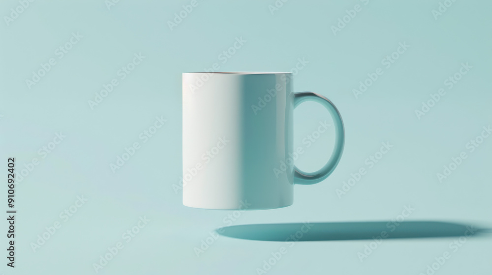 A 3D rendering of a white ceramic mug, minimalist design, floating against a solid light blue background. High clarity and sharp edges