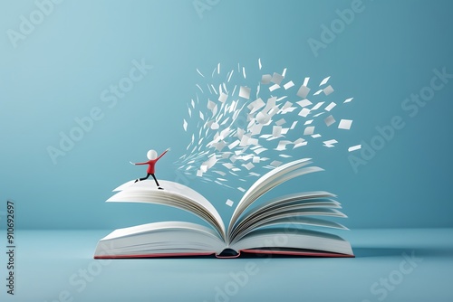 Cheerful book character with pages fanned out like wings, flying. minimalist photo