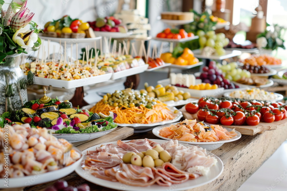 buffet foods on long table, Celebration, luxury food buffet foods on long table, Celebration, luxury food