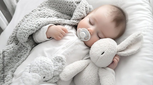 cute little newborn baby sleeping with a pacifier in his mouth under a blanket hugging a plush bunny sweet healthy baby sleep in a white crib : Generative AI photo