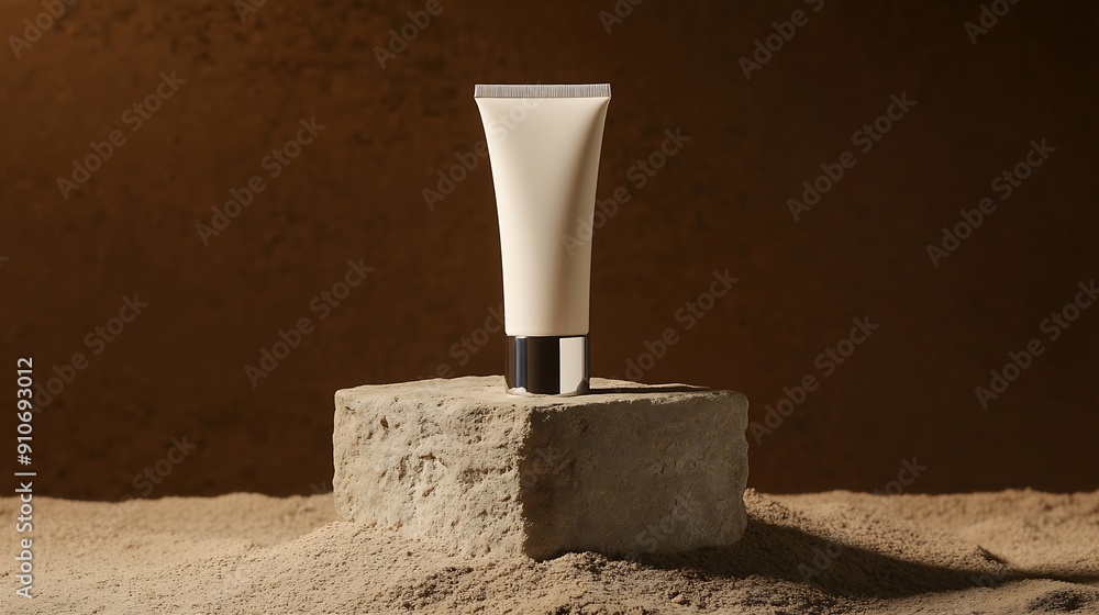 The unlabeled white cosmetic tube with silver color lid is placed at the top of the stone platform against a brown background and fine sand underneath Frontal angle photo has space for : Generative AI The unlabeled white cosmetic tube with silver color lid is placed at the top of the stone platform against a brown background and fine sand underneath Frontal angle photo has space for : Generative AI