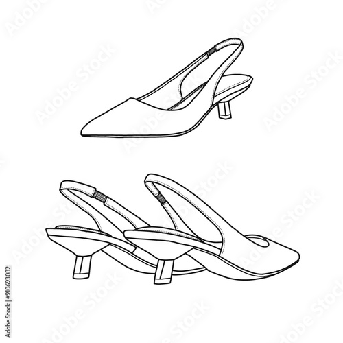 Template vector women's kitten heels closed pointed toe elastic slingback hand-drawn collection, suitable for your custom kitten heels design. Outline vector doodle illustration