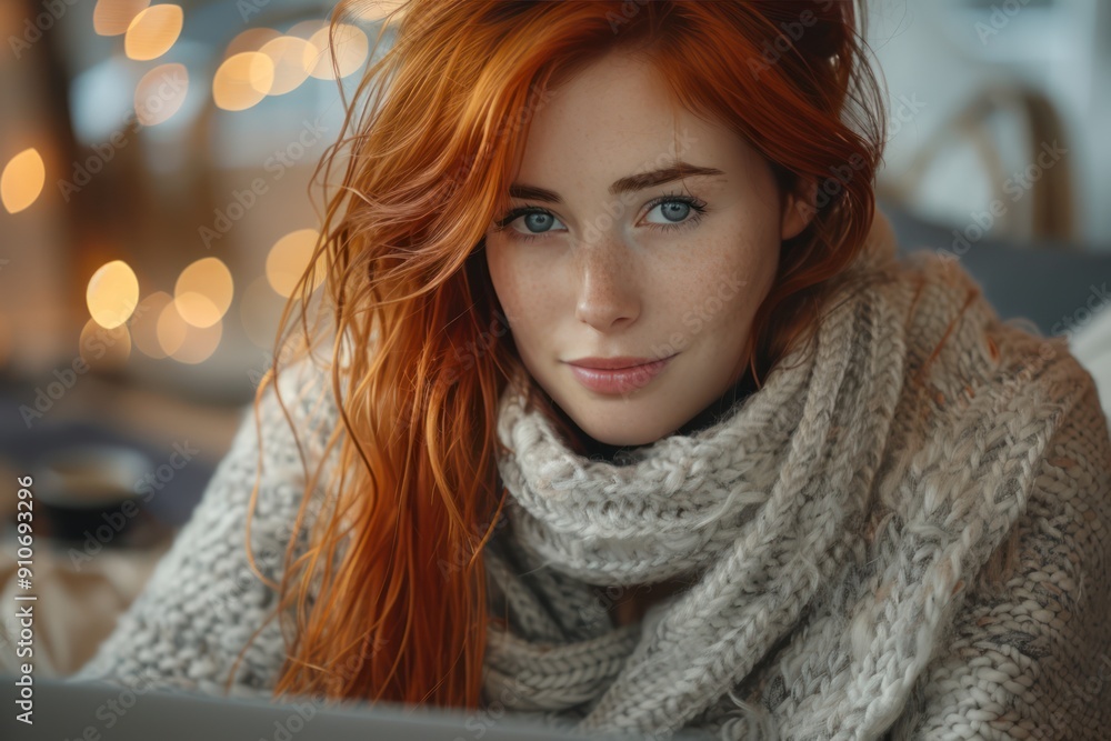Ginger Woman Enjoying Coffee and News on Sofa at Home Ginger Woman Enjoying Coffee and News on Sofa at Home