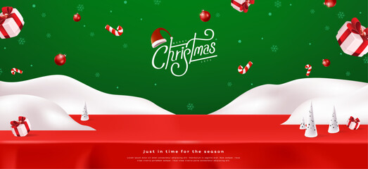 Fotobehang Groen Merry Christmas banner winter landscape and red tablecloth product display with copy space and gift box decorate  © bokmok