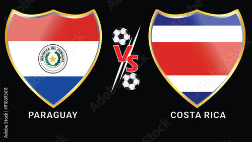Exciting soccer clash: Paraguay vs Costa Rica with black background and versus flags in golden and silver frames