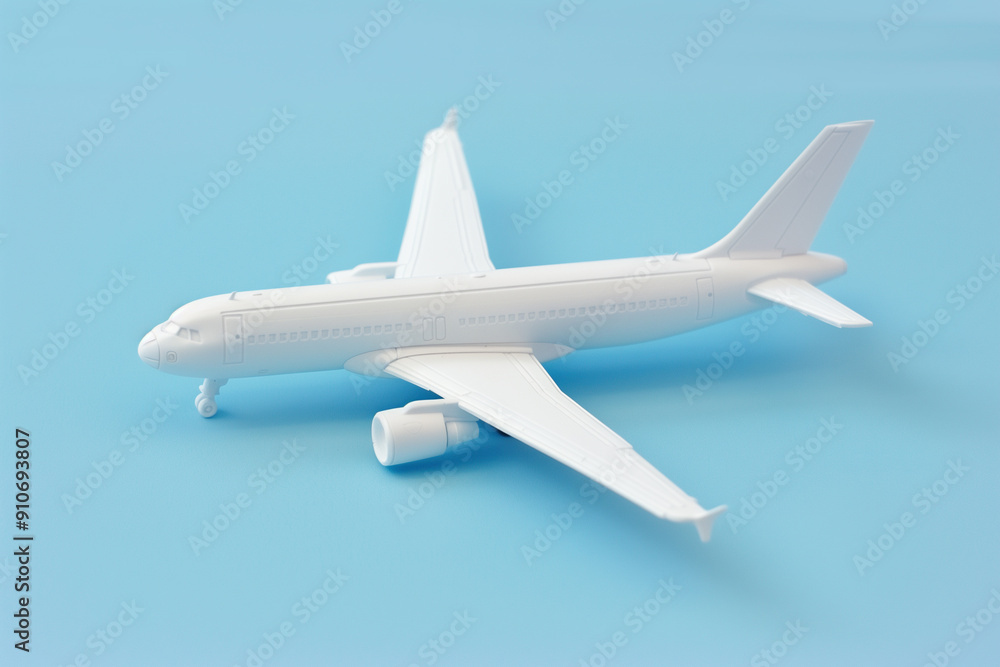 Minimalist white airplane toy model on pastel blue background with copy space Minimalist white airplane toy model on pastel blue background with copy space
