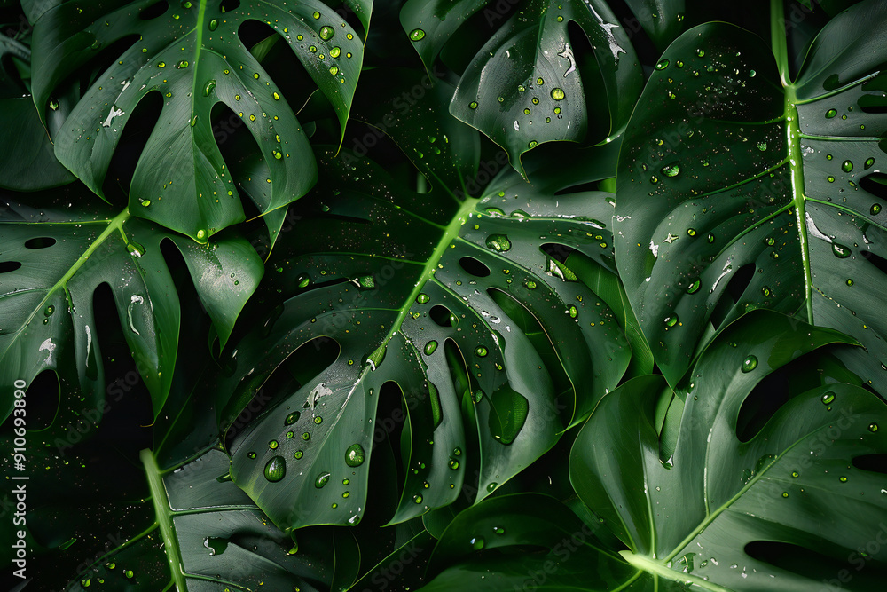 Fresh Wet Monstera Leaves with Water Droplets Creating a Lush Green Tropical Background Fresh Wet Monstera Leaves with Water Droplets Creating a Lush Green Tropical Background