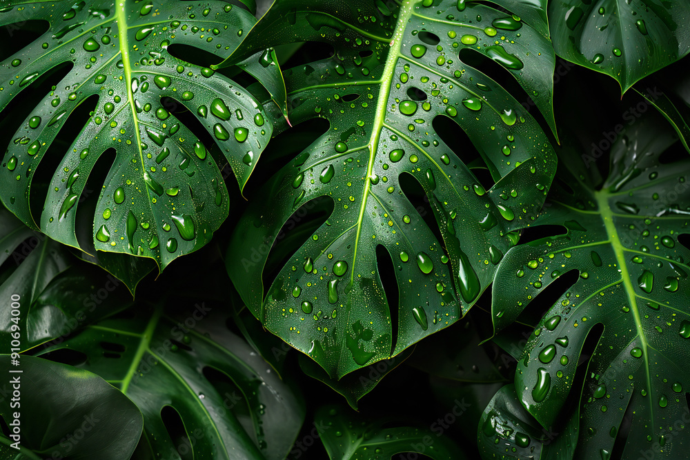 Fresh Wet Monstera Leaves with Water Droplets Creating a Lush Green Tropical Background Fresh Wet Monstera Leaves with Water Droplets Creating a Lush Green Tropical Background