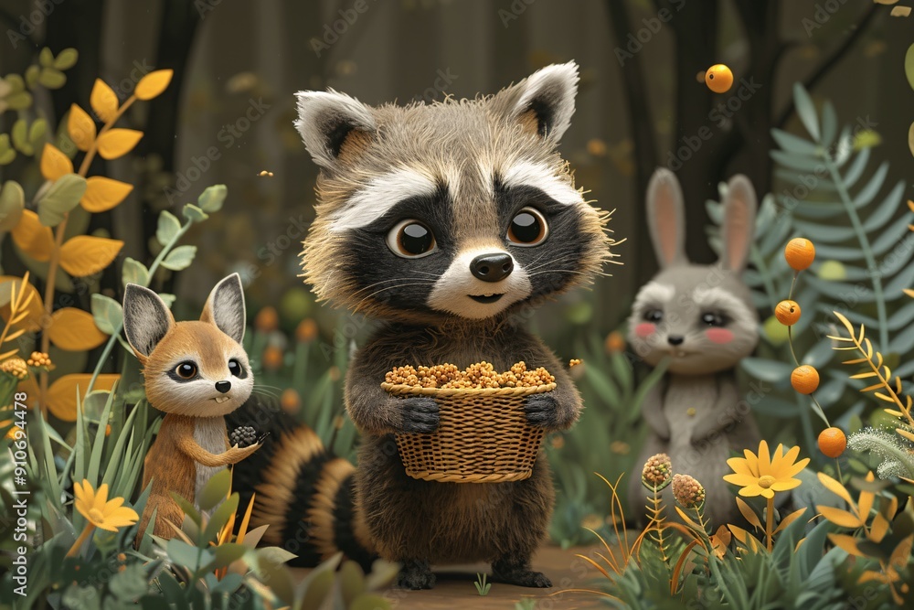 Cute raccoon, fox, and rabbit in a forest with a basket of berries Cute raccoon, fox, and rabbit in a forest with a basket of berries