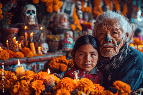 Grandfather and Granddaughter at Dia de Muertos Altar with Marigolds