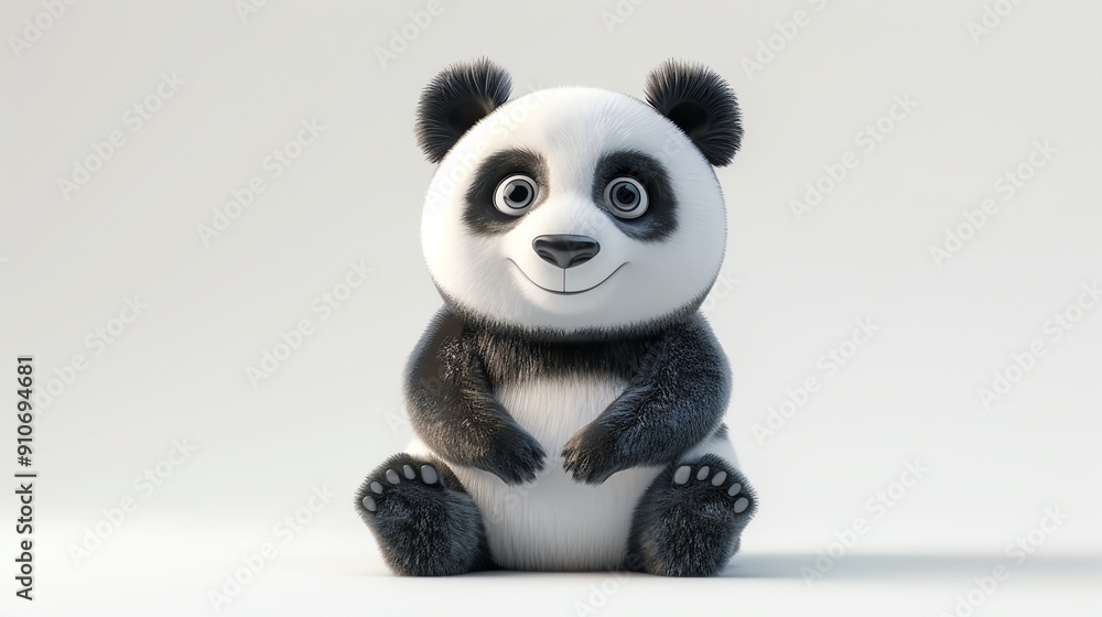 3D illustration of a cute panda sitting and smiling, isolate on white background, front view, soft lighting, detailed fur and expressive eyes 3D illustration of a cute panda sitting and smiling, isolate on white background, front view, soft lighting, detailed fur and expressive eyes