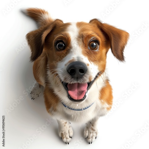 3D illustration of a cute dog with a wagging tail, isolate on white background, top view, soft lighting, detailed fur and happy expression