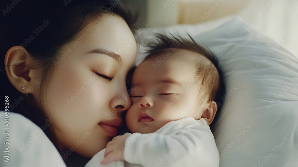 Close up portrait of beautiful young asian caucasian mother day girl kissing healthy newborn baby sleep in bed with copy space Healthcare and medical love asia woman lifestyle mothers : Generative AI Close up portrait of beautiful young asian caucasian mother day girl kissing healthy newborn baby sleep in bed with copy space Healthcare and medical love asia woman lifestyle mothers : Generative AI
