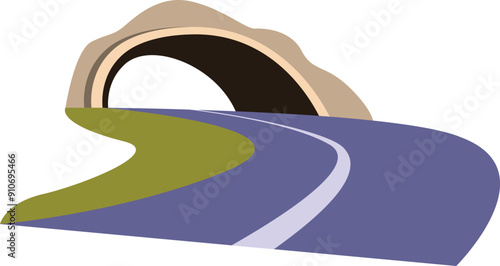 Illustration featuring a winding road going under a short tunnel through a mountain