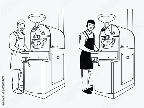 Man With Coffee Roaster Machine Vector Illustration Outline Hand Drawn Black and White