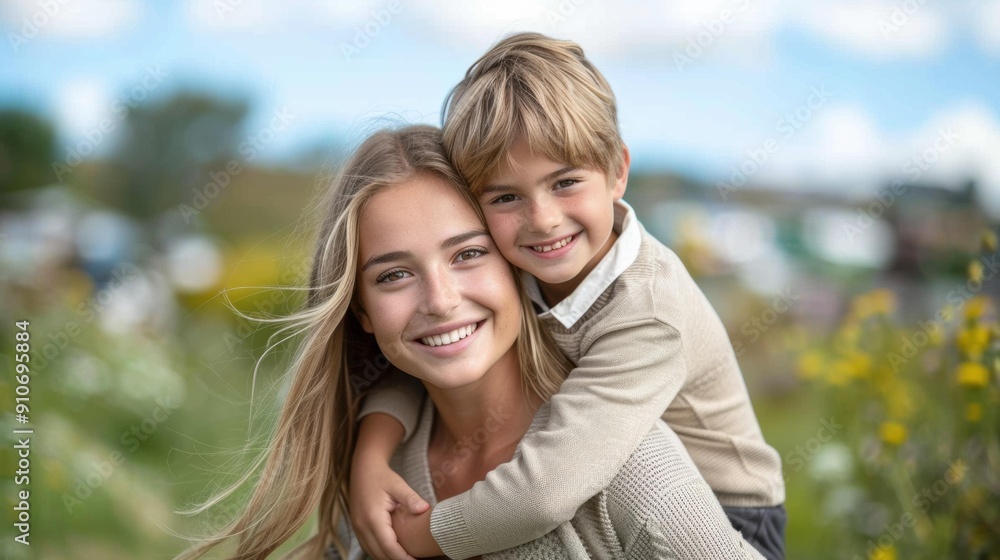 Fototapeta premium A happy young woman is carrying a small boy on her back. AI.