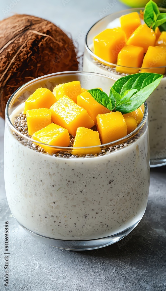 Chia seed pudding with coconut milk and mango, tropical style, bright colors, closeup shot, refreshing and healthy treat Chia seed pudding with coconut milk and mango, tropical style, bright colors, closeup shot, refreshing and healthy treat