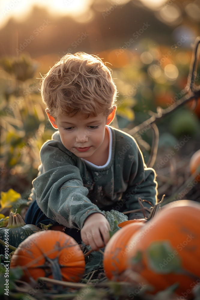 Young boy enjoying festive autumn celebration while picking pumpkins at halloween pumpkin patch Young boy enjoying festive autumn celebration while picking pumpkins at halloween pumpkin patch