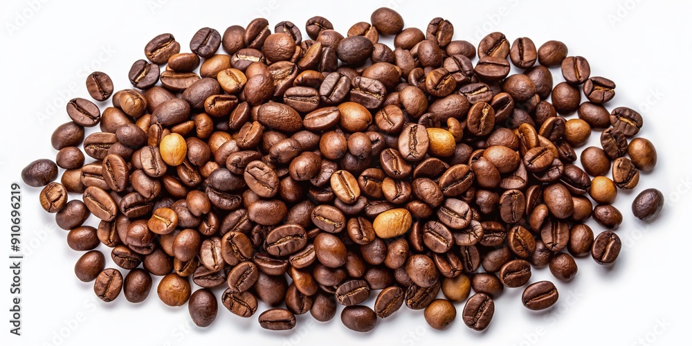 Fototapeta premium Close-up top view of scattered coffee beans in various shades of brown, isolated on a clean white background with subtle shadows and texture.