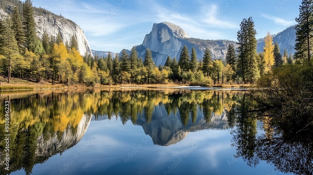 Half Dome reflecting in a Mirror Lake Yosemite National Park California USA : Generative AI Half Dome reflecting in a Mirror Lake Yosemite National Park California USA : Generative AI