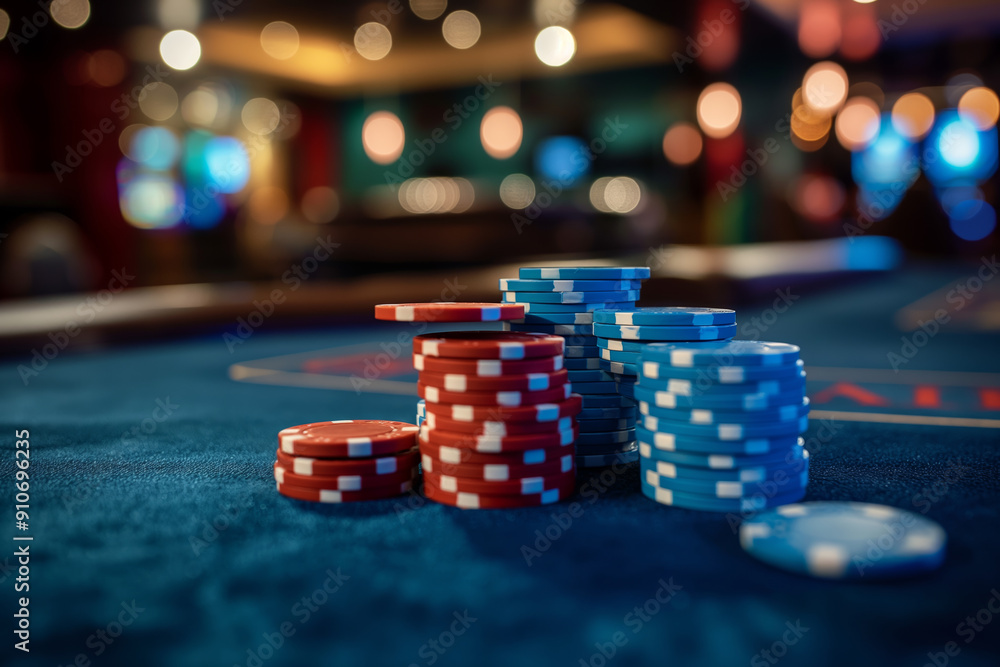 Poker Chips on Casino Table with Blurred Background Lights Poker Chips on Casino Table with Blurred Background Lights