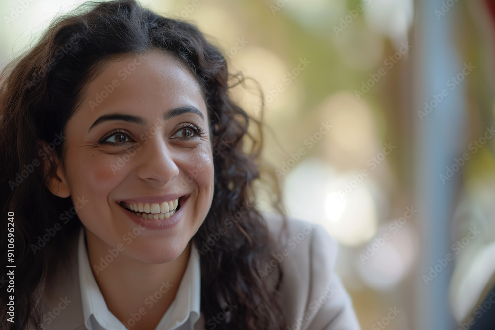 Smiling Woman with Curly Hair in a Professional Setting with Natural Lighting Smiling Woman with Curly Hair in a Professional Setting with Natural Lighting