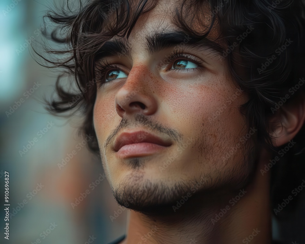 A close-up shot of a pensive young man, with an urban background beautifully blurred in the distance. A close-up shot of a pensive young man, with an urban background beautifully blurred in the distance.