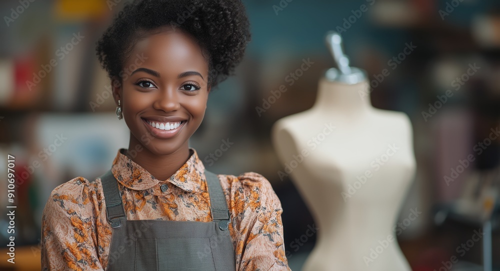 young fashion designer smiles warmly in her creative studio, surrounded by vibrant fabrics and clothing. The bright, welcoming atmosphere reflects her passion for design. young fashion designer smiles warmly in her creative studio, surrounded by vibrant fabrics and clothing. The bright, welcoming atmosphere reflects her passion for design.