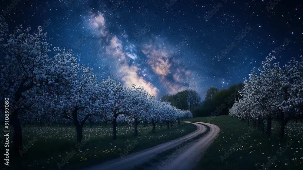 Naklejka premium A serene night landscape featuring a starry sky with the Milky Way over a blooming orchard and a country road : Generative AI
