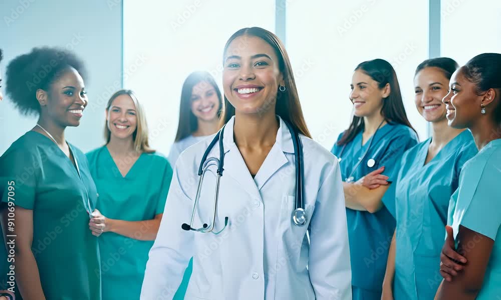 Group portrait video of a cheerful doctor in her 30s wearing a scrub or lab coat with doctors nurses therapists Group portrait video of a cheerful doctor in her 30s wearing a scrub or lab coat with doctors nurses therapists