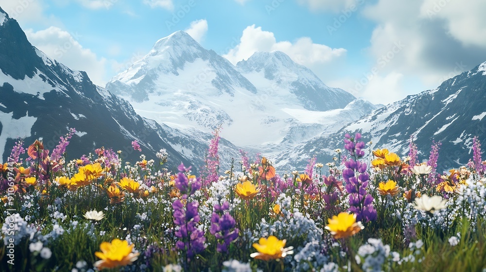 Fototapeta premium Fresh flowers in front of a snowcoated mountain : Generative AI