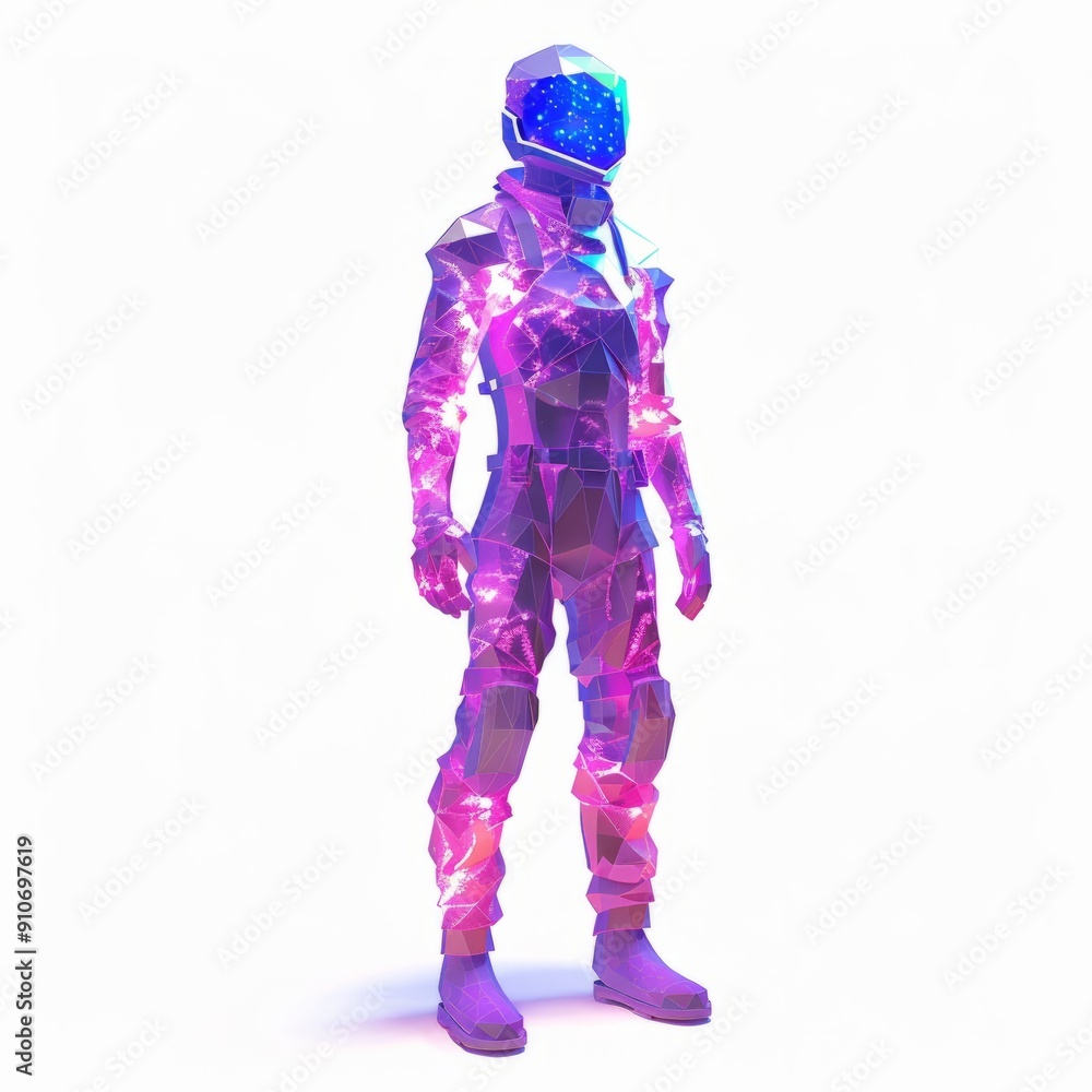 3D Render, Low Poly style of cosmic NPC with glowing nebula-inspired attire, on isolated white background, Generative AI 3D Render, Low Poly style of cosmic NPC with glowing nebula-inspired attire, on isolated white background, Generative AI
