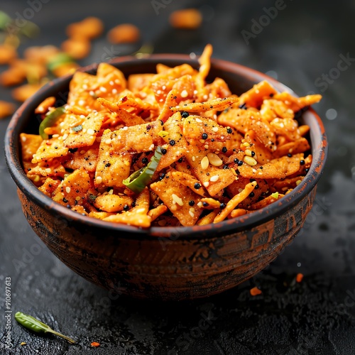 Salty Indian namakpare snacks in a rustic bowl, festive setting Crunchy and savory, traditional treat, colorful and lively, Indian celebration photo