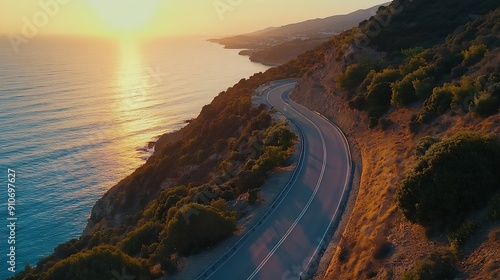 highway landscape at colorful sunset Road view on the sea colorful seascape with beautiful road Way view on ocean beach coastal road in europe Beautiful nature scenery in the Mediterra : Generative AI photo