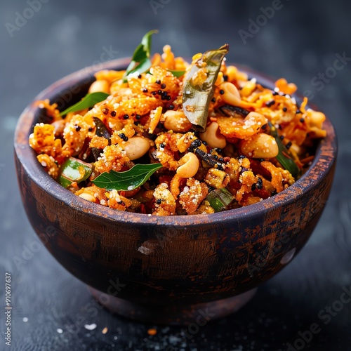 Salty Indian namakpare snacks in a rustic bowl, festive setting Crunchy and savory, traditional treat, colorful and lively, Indian celebration photo