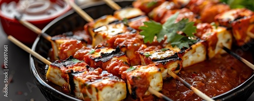 Salty Indian paneer tikka, grilled and served with a rich chutney, elegant plating Bold and flavorful, gourmet presentation, traditional dish, Indian cuisine