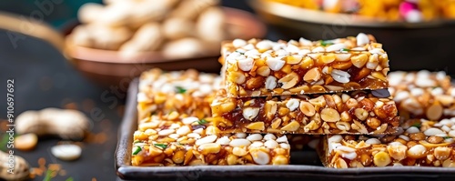 Salty Indian peanut chikki bars, vibrant festival background Crunchy and sweetsalty, traditional treat, colorful and festive, Indian candy photo