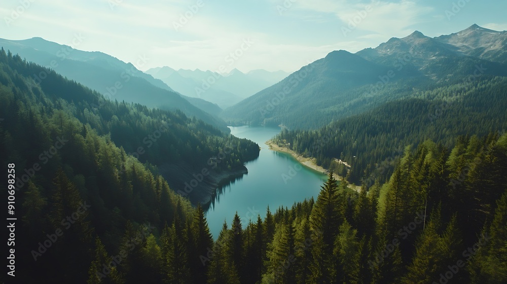 Obraz premium Lake Between Forests And Mountains : Generative AI