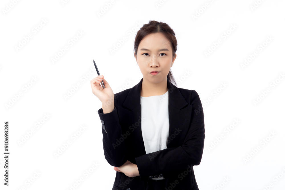 A thoughtful professional young asian woman holding a pen to her face, contemplating, against isolated white background, professional businesswoman pondering with pen, business concept. A thoughtful professional young asian woman holding a pen to her face, contemplating, against isolated white background, professional businesswoman pondering with pen, business concept.