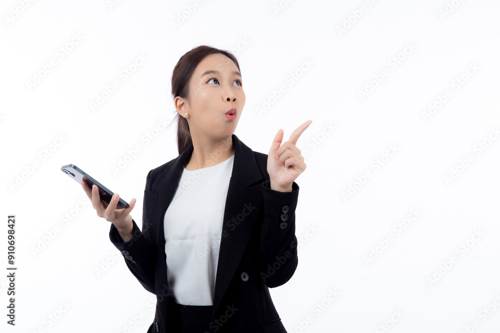 Portrait young asian businesswoman in suit gesture surprised while looking smartphone isolated white background, business woman excited with amazed while looking smart phone, business concept.
