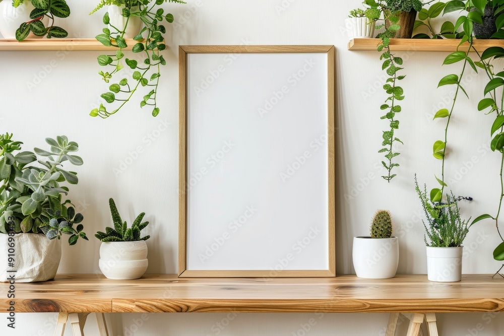 Empty Frame on Wooden Shelf with Houseplants Empty Frame on Wooden Shelf with Houseplants