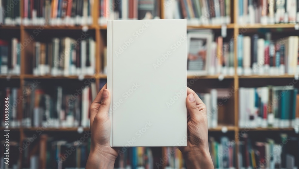 A Blank Book Held in Front of a Bookshelf A Blank Book Held in Front of a Bookshelf
