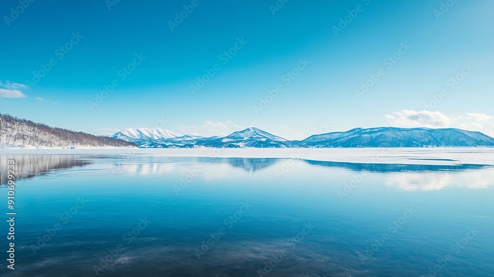 The lake on a clear winter day with fresh blue sky mirror lake surface and snowy mountains in the distance Lake Kussharo in Hokkaido Japan : Generative AI The lake on a clear winter day with fresh blue sky mirror lake surface and snowy mountains in the distance Lake Kussharo in Hokkaido Japan : Generative AI