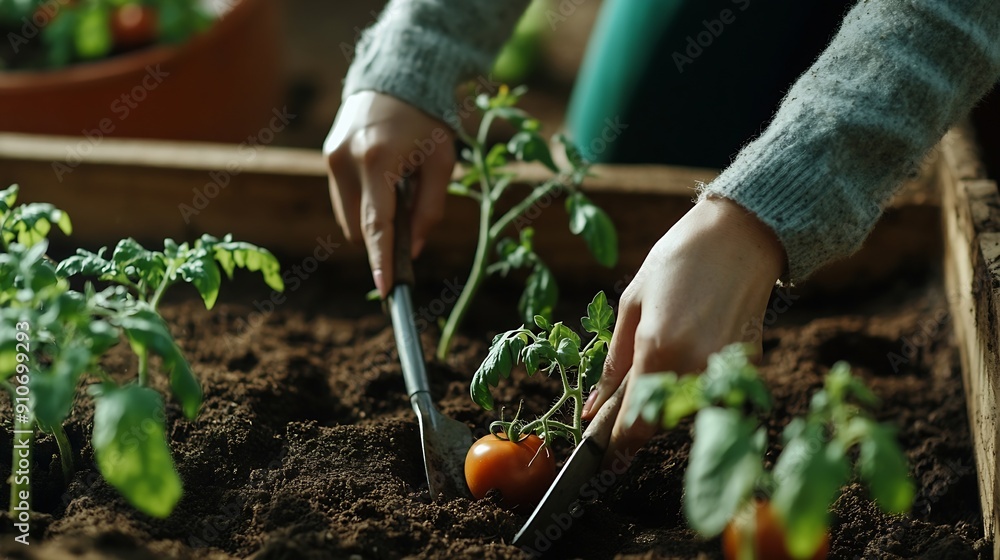 Fototapeta premium Close up of woman working with tomato plants in soil in raised beds using gardening tools : Generative AI