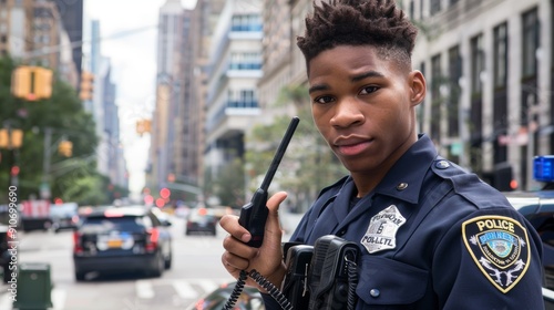 Young Police Cadet with Walkie-Talkie on Urban Street Patrol - Serious Teen Officer in Uniform
