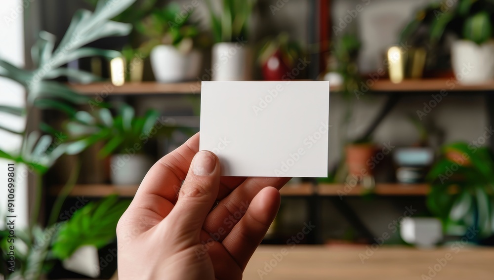 Hand Holding a Blank White Card Against a Blurred Background of Green Plants Hand Holding a Blank White Card Against a Blurred Background of Green Plants